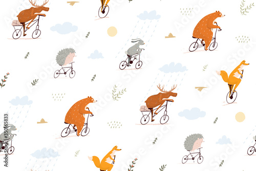 Forest animals riding bicycles seamless pattern kids background. Bear, wolf, rabbit, moose, hedgehog and fox cycling, traveling and racing wild animals design for kids. Vector flat nursery art.