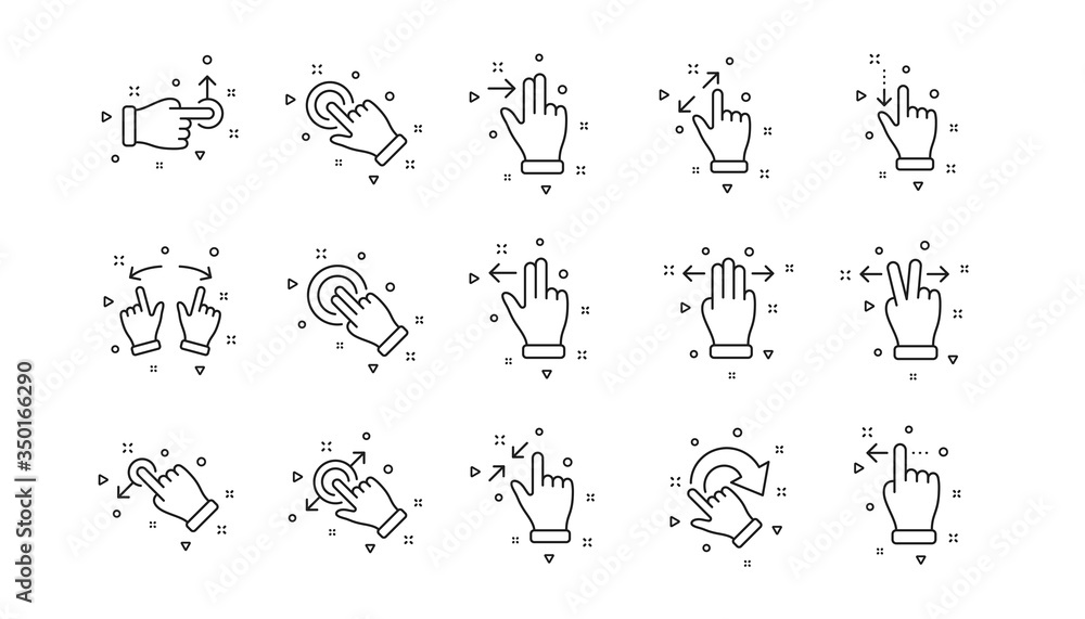 Hand swipe, Slide gesture, Multitasking icons. Touchscreen gesture line icons. Touchscreen technology, tap on screen, drag and drop. Linear set. Geometric elements. Quality signs set. Vector