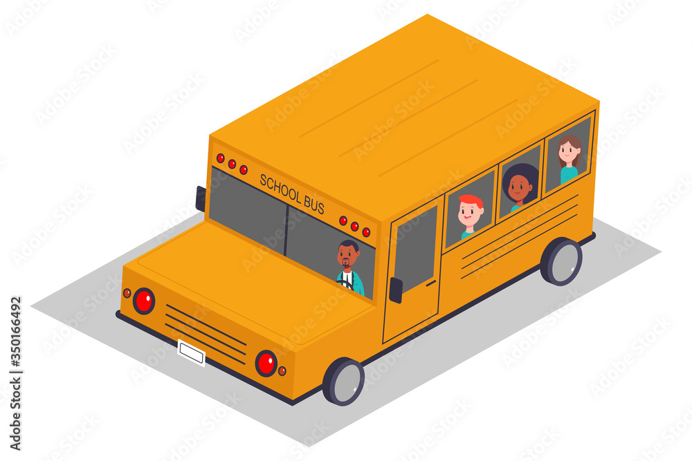 School bus with children vector isometric illustration isolated on a white background. School bus with children vector isometric illustration isolated on a white background.