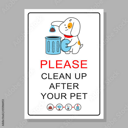 Please, clean up after your pet vector cartoon sign with cute dog, trash can and poop.