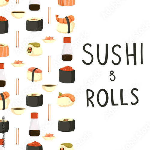 Sushi and rolls vector cartoon background.