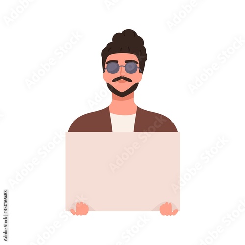 Stylish guy in trendy sunglasses carrying empty banner vector flat illustrati...