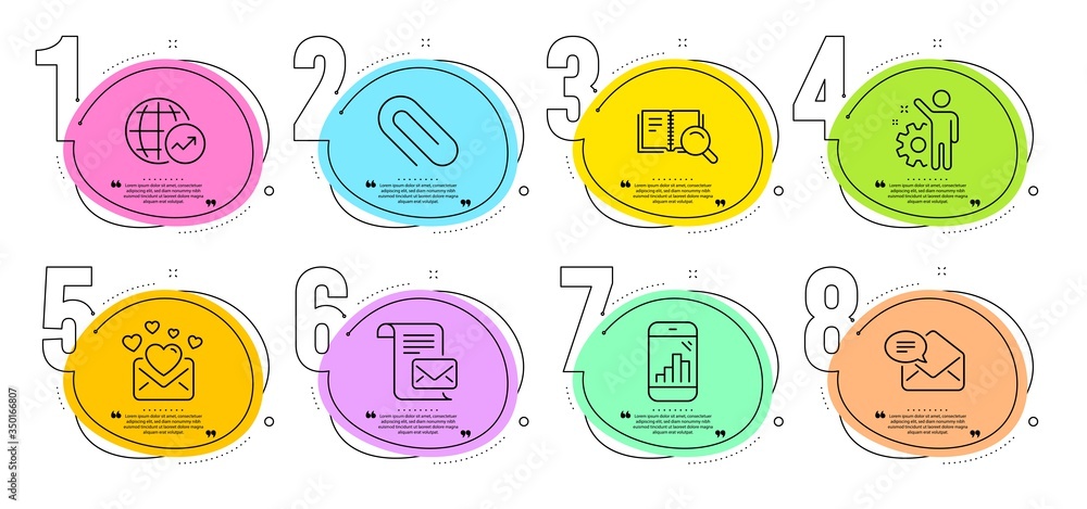 Love mail, World statistics and Graph phone signs. Timeline steps infographic. Mail letter, Search book and Employee line icons set. Paper clip symbol. Read e-mail, Online education. Vector Love mail, World statistics and Graph phone signs. Timeline steps infographic. Mail letter, Search book and Employee line icons set. Paper clip symbol. Read e-mail, Online education. Vector