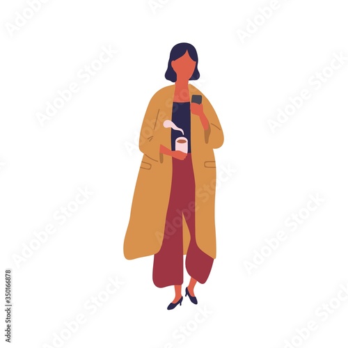Woman carrying cup of hot coffee using smartphone vector flat illustration. C...