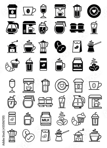 Coffee icons. Black coffee and tea icons set on white. Vector.