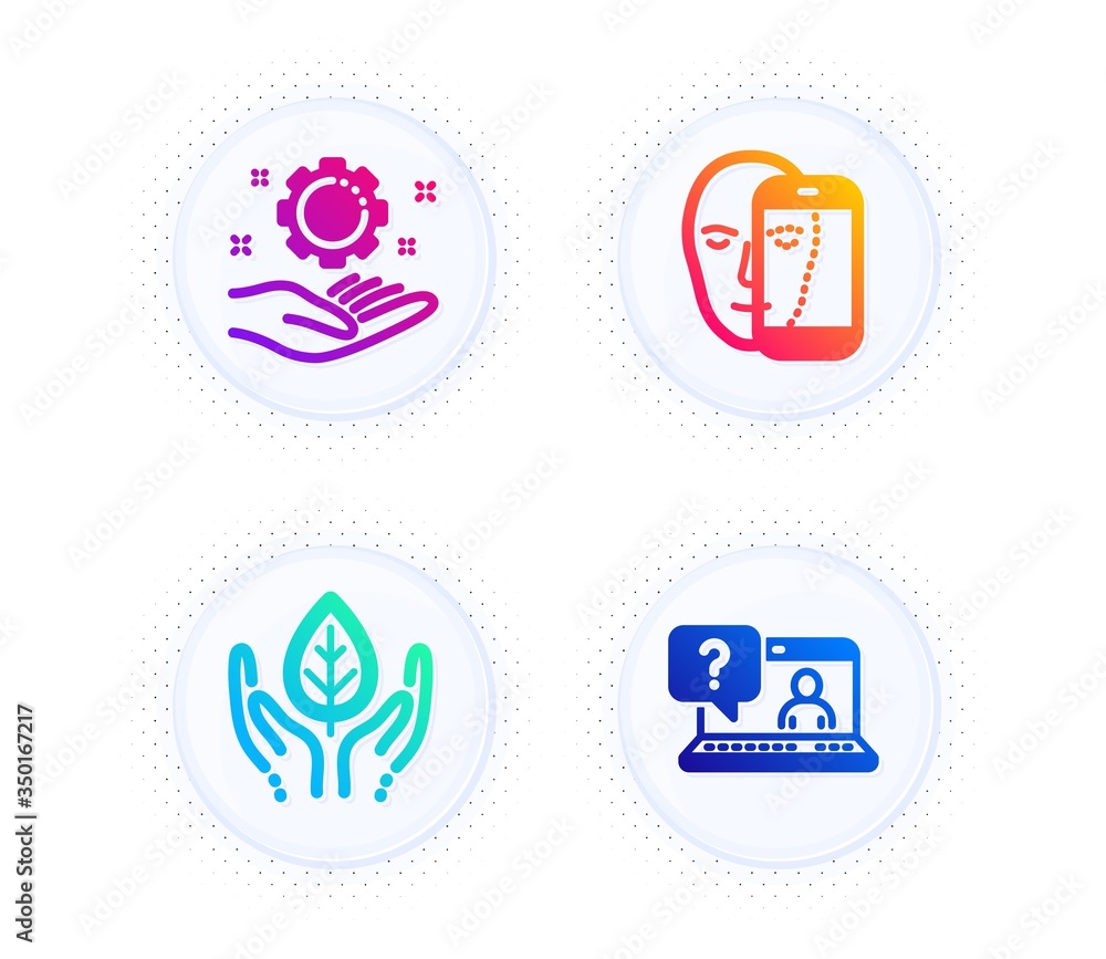 Employee hand, Face biometrics and Fair trade icons simple set. Button with halftone dots. Faq sign. Work gear, Facial recognition, Safe nature. Web support. People set. Vector