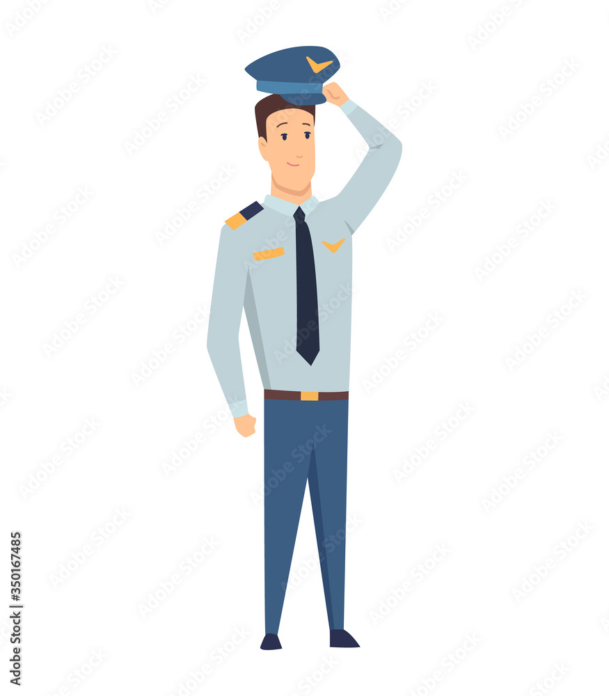 Smiling civilian aircraft pilot, aircrew captain, aviator or airman dressed in uniform. Cheerful male cartoon character isolated on white background. Colorful vector illustration in flat style Smiling civilian aircraft pilot, aircrew captain, aviator or airman dressed in uniform. Cheerful male cartoon character isolated on white background. Colorful vector illustration in flat style