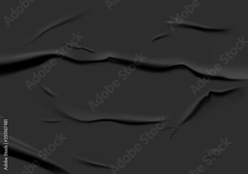 Black glued paper with wet wrinkled effect. Black wet paper poster template with crumpled texture. Realistic vector posters mockup