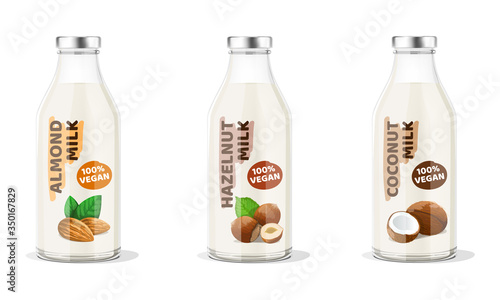 Nut Milk Bottles: almond, hazelnut, coconut vegan milk. Vector Illustration