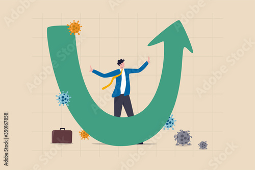 U shape economic recovery after Coronavirus COVID-19 crash concept, businessman professional analyse world economic, business will recover and restore in U shape graph and chart with virus pathogen