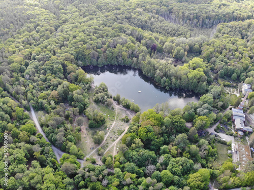 Aerial view of lake Teufelssee a glacial lake in the Grunewald forest in the Berlin borough of Charlottenburg-Wilmersdorf.