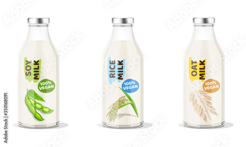 Soy, Rice, Oat Milk Bottles. Vector Illustration.