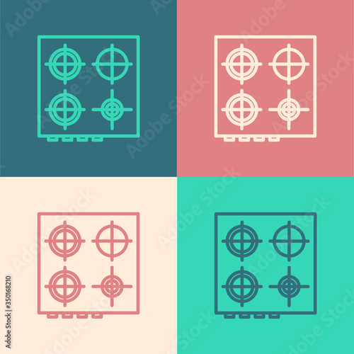 Pop art line Gas stove icon isolated on color background. Cooktop sign. Hob with four circle burners. Vector Illustration