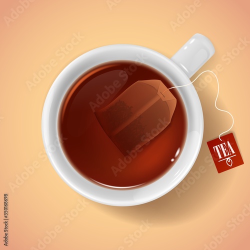 Cup with tea bag top view. Realistic 3d vector white porcelain or ceramic cup with hot drink and teabag. Isolated round mug with brown colored beverage and shadow. Breakfast, afternoon tea