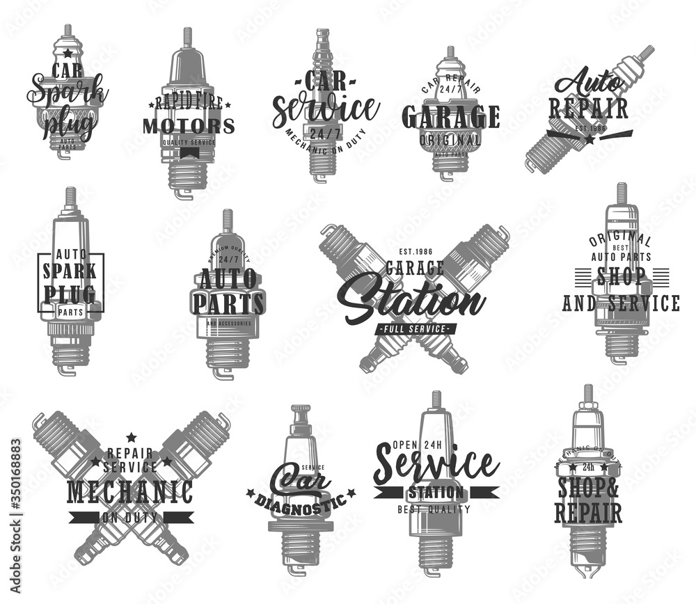 Automobile spark plugs types isolated vector icons with typography set. Monochrome car ignition system and spark-ignition engine vehicles spare parts. Auto service, mechanic garage and maintenance