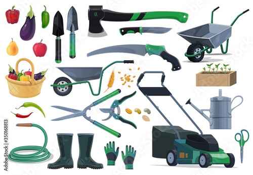 Gardening, farming equipment and tools, vector objects. Farmer and gardener shovel and ax, seeds, wheelbarrow, saw and lawn mower. Fruits and vegetable harvest, watering can, seedlings and hacksaw
