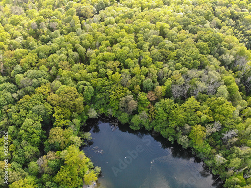 Aerial view of lake Teufelssee a glacial lake in the Grunewald forest in the Berlin borough of Charlottenburg-Wilmersdorf.