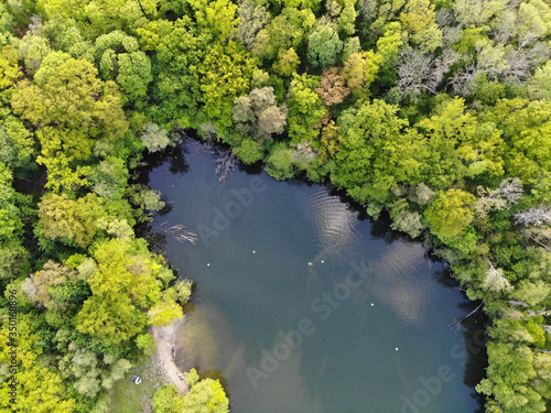 Aerial view of lake Teufelssee a glacial lake in the Grunewald forest in the Berlin borough of Charlottenburg-Wilmersdorf.