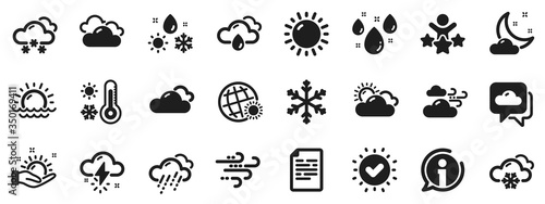 Cloudy sky, winter snowflake, thermometer. Weather and forecast icons. Moon night, rain and sunset icons. Weather temperature, meteorology forecast and wind, thunder bolt. Vector