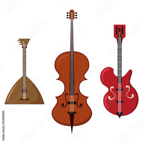 Guitar, balalaika and contrabass vector music instruments set isolated on a white background.