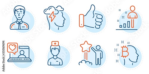 Businessman person, Star and Friends chat signs. Doctor, Mindfulness stress and Bitcoin think line icons set. Stats, Like hand symbols. Medicine person, Cloud storm. People set. Vector