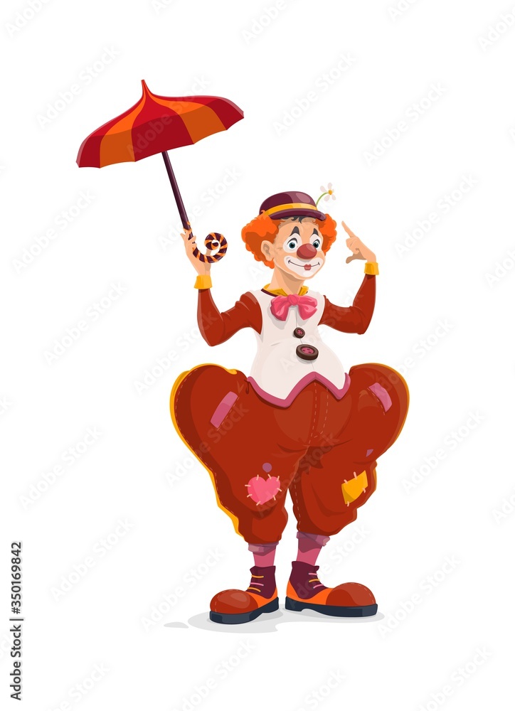 Big top circus cartoon isolated clown with umbrella. Jester performer,  vector shapito circus show entertainer in funny costume, wig, makeup and  fake nose. Stage comedian and amusement, smiling joker Stock Vector |