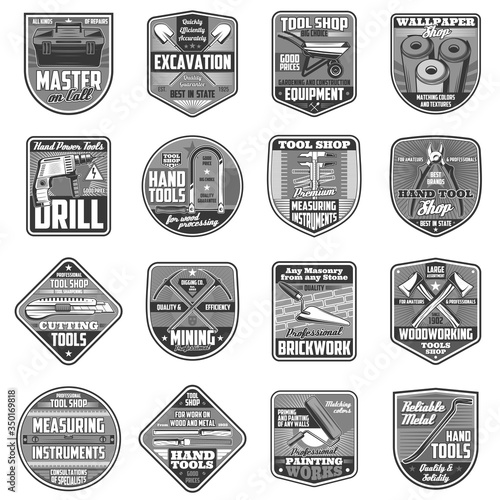 Building, DIY and repair tools vector icons. Building construction and gardening toolbox and trowel, nail clipper, pickaxe and wheelbarrow, fretsaw, drill and shovel, wallpaper, nippers and hacksaw