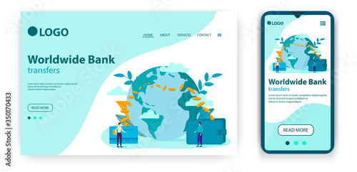 Web page of the landing page design on the theme world Bank transfers. The concept of a flat vector illustration for developing a web site using adaptive design for mobile applications.