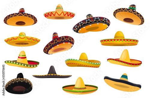 Mexican sombrero hat isolated objects of vector fiesta party and Cinco de Mayo holiday design. Mariachi musician or charro cowboy cartoon sombrero hats, decorated with ethnic ornaments, ball fringes photo