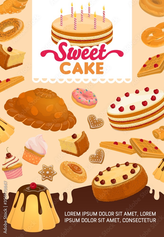 Bakery and pastry desserts vector poster. Sweet pie with candles, gingerbread and donut, pretzel and cake, waffles and croissants. Cartoon buns and cupcakes, pudding and patisserie. Baker shop
