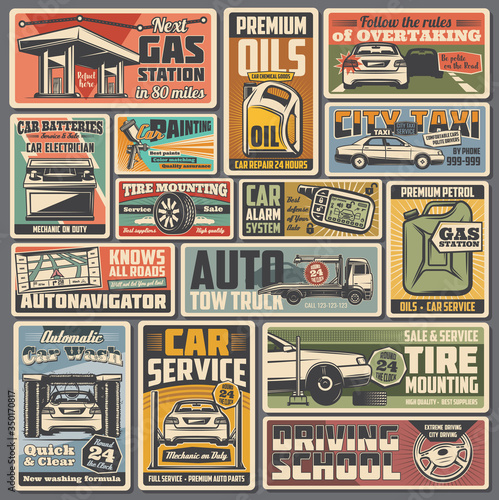 Car service and auto parts retro vector posters. Repair shop, vehicle tire mounting, motor oil. Mechanic on duty, auto painting service. Gas station, autonavigator and driving school vintage cards set