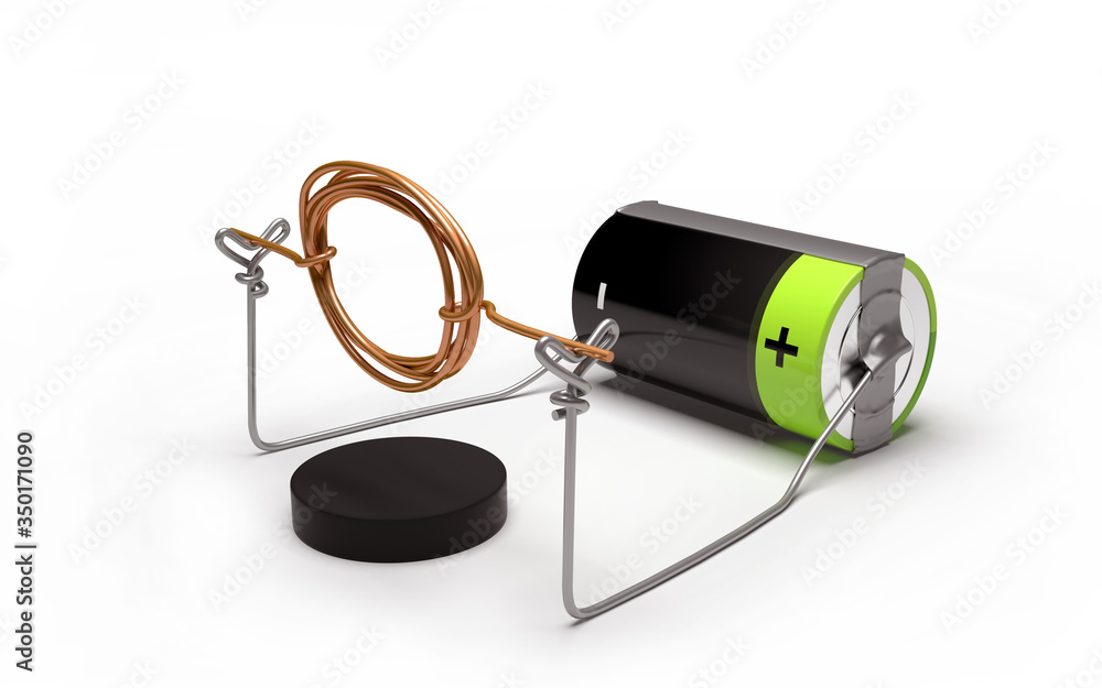 Simple electric motor experiment with cell and magnet. 3D Rendering. Stock  Illustration | Adobe Stock