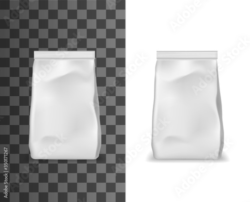 Realistic package, foil, paper or plastic sachet pouches with valve and seal isolated 3d vector mockup. Blank white doy packs for product, packaging in pillow shape mock up object on white