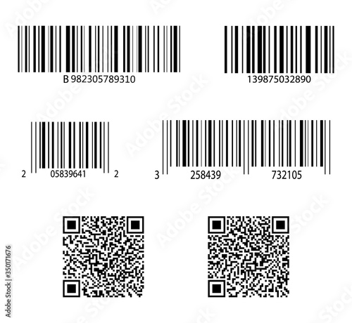 Code bar. Barcode for scan. QR sticker, scanner. Label of product. Retail sale with identification. Set of digital price tags with information. ID inventory of packaging with qrcode in store. Vector photo