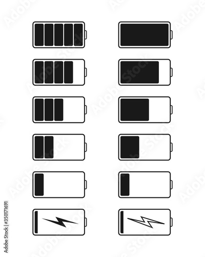 Battery charge and recharge icons. Power, capacity of mobile. Smartphone lithium charger. High or low electric voltage. Alkaline accumulator with indicator of level energy. Full, empty charge. Vector