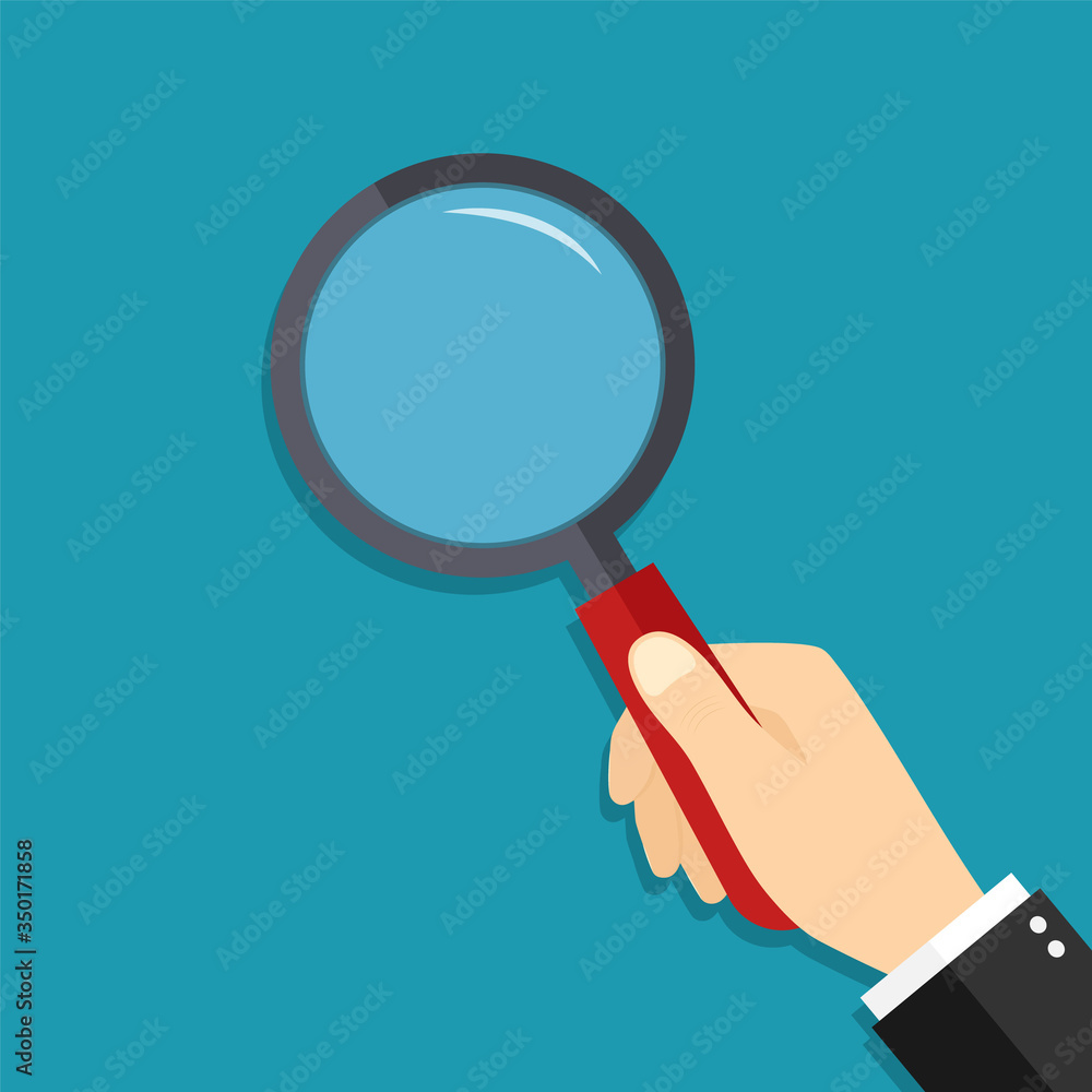 Glass magnify in hand. Lens of magnifying loupe for search. Cartoon zoom for detective. Man hold magnifier, focus for enlarge. Concept of research, discovery, find, investigation and verify. Vector. Glass magnify in hand. Lens of magnifying loupe for search. Cartoon zoom for detective. Man hold magnifier, focus for enlarge. Concept of research, discovery, find, investigation and verify. Vector.