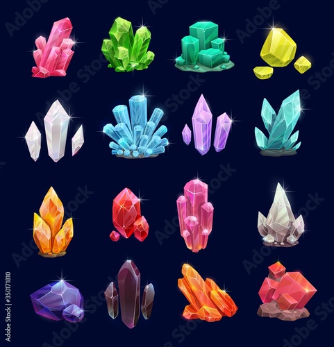 Crystal gems, vector gemstones and jewel icons. Isolated cartoon minerals, crystals and gemstones. Natural opal, emerald and diamond, ruby and topaz, quartz glass, jewelry and geology crystals photo