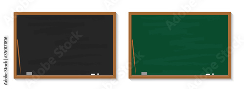 Chalkboard in school. Blackboard with chalk in classroom. Wood black, green boards in class for education. Background, banner for teacher, university, restaurant. Texture, frame for learning. Vector