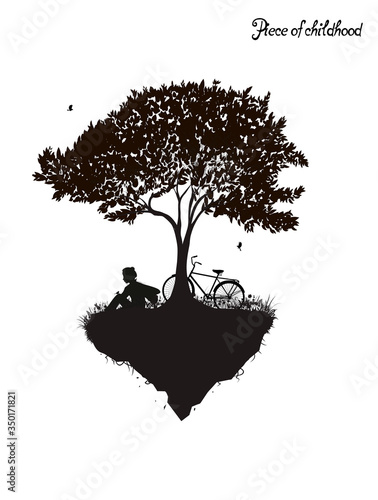 Childhood memories, piece of childhood, boy sitting under the tree with bicycle, park fantasy scene in black and white, tree on flying rock, silhouette (ID: 350171821)