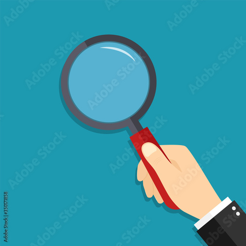 Glass magnify in hand. Lens of magnifying loupe for search. Cartoon zoom for detective. Man hold magnifier, focus for enlarge. Concept of research, discovery, find, investigation and verify. Vector.