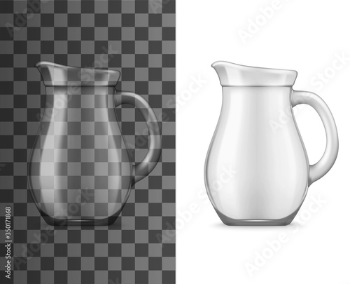 Realistic glass jug for drinks, isolated 3d vector mockup. Transparent pitcher for water or milk, clean empty bowl with handle side view. Kitchenware object, glass jug utensil for cold beverages