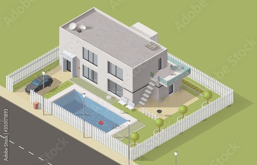 Isometric house 3d cottage building. Vector bungalow, villa or mansion design with green yard and swimming pool. City and village real estate house with car garage, balcony, bbq and terrace