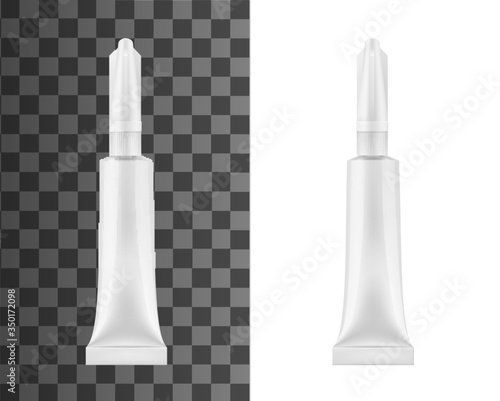 Glue tube mockup, isolated 3d vector object. Realistic adhesive white package template, universal super glue in metal tube, blank container with long tip and protective plastic cap. Superglue mockup