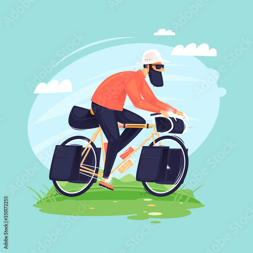 Man travels by bicycle, cycling, bikepacking. Flat design vector illustration.	