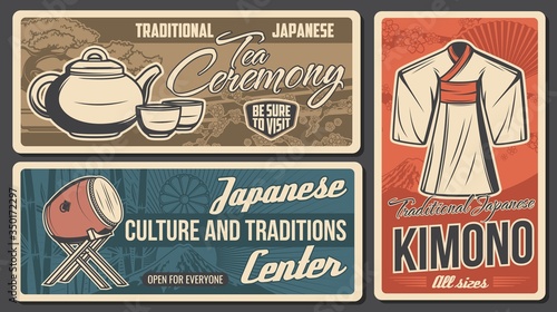 Travel, culture and cuisine traditions of Japan, vector vintage cards. Taiko drum national music percussion instrument, kimono dress and Fuji, bamboo and fan, tea ceremony pot and cups