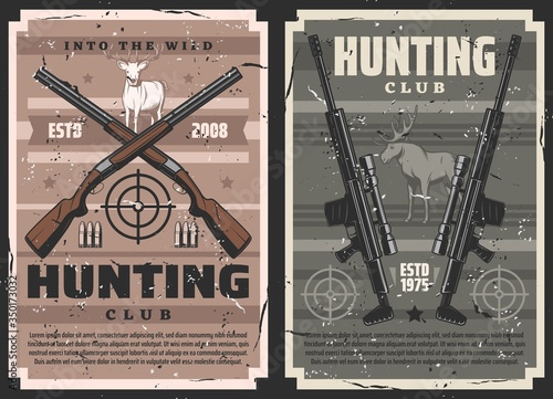 Gun shop, vector rifles and guns with sniper scope, ammunition store. Vintage posters with hunting equipment, shooting weapon sale. Targets or aims, deer and gunshot bullets, hunter club