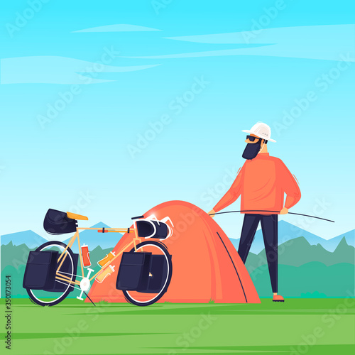 Man puts up a tent, travels on a bicycle. Cycling, bikepacking. Flat design vector illustration.	