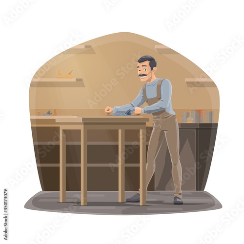 Carpenter with plane working in workshop, carpentry woodwork. Joiner man using a carpentry equipment and tools. Woodworker professional occupation