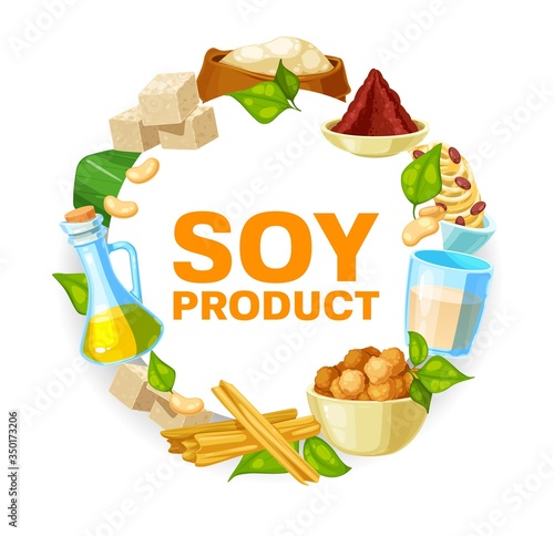 Soy and soybean products, vector soya food. Vegetarian or vegan nutrition miso paste, tofu, soybean milk and oil. Natural organic cheese, meat and skin, flour and sprouts isolated round frame, poster