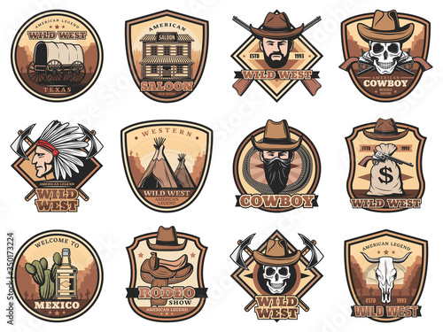 Wild West icons. Western vector cowboy, skull and sheriff, american saloon, bandit in hat, guns and tequila, texas ranger, indian chief and revolvers, money sack, horse and tomahawk, saddle and wagon